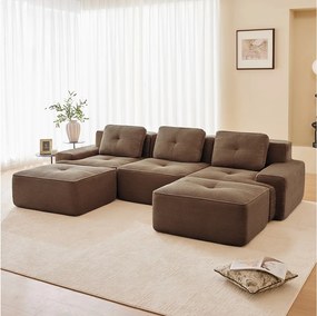 Modułowa Sofa Narożna w kształcie U w Welurze żebrowanym, z 2 pufami i 3 poduszkami, 293x177x69cm, Brązowy