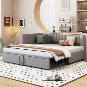 Łóżko wysuwane 90/180 x 200 cm w kształcie litery L, Sofa z funkcją spania - Aksamit - Stelaż listwowy - jasnoszary (bez materaca)