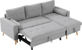 Kanapa narożna rozkładana i dwustronna z tkaniny w kolorze jasnym szarym z pojemnikiem do przechowywania – KORI