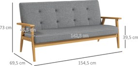 HOMCOM Trzyosobowa sofa tapicerowana, drewno kauczukowe, 154,5 x 69,5 x 73 cm, Szary