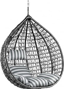 Czarne wiszące krzesło KOKON bez stojaka, biało-szara poduszka