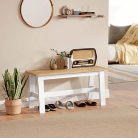 HOMCOM Ławka dla 2, drewniana w dębowym wyglądzie, stabilizująca poprzeczka, do salonu, jadalni, korytarza, drewno kauczukowe, Biała