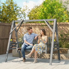 Outsunny 2-osobowa huśtawka ogrodowa z drewna, ławka bujana z półkami, uchwytami na napoje i łańcuchami, szara | Aosom PL