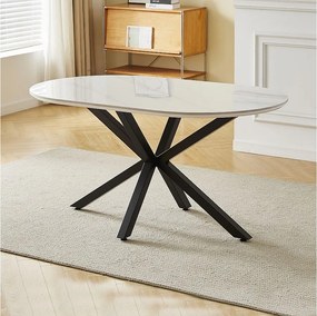 Stół jadalniany LUCIA – dla 6 osób – Blat z ceramiki w efekcie białego marmuru – Nogi z czarnego metalu