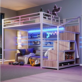 Łóżko piętrowe dla dzieci - 140 x 200 cm - z szafą + schowkiem na klatce schodowej + diodami LED - Metal + MDF - biały