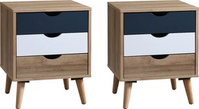 Zestaw 2 szafek nocnych z 3 szufladami - Kolory: Naturalny, biały i granatowy - LURVIA