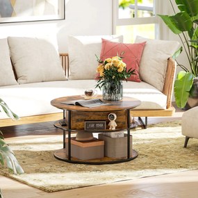 HOMCOM Okrągły Stolik Kawowy z Podnoszoną Blatem, Przestrzenie do Przechowywania, Boczne Półki, Stalowy Stelaż, Brązowy