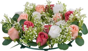 Wieniec z Sztucznych Róż SucceBuy, Zestaw 10 szt., 34 cm, Kompozycje z Sztucznych Róż w Różu i Bieli, Sztuczne Kwiaty do Dekoracji Stołu