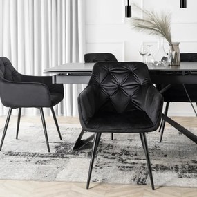 Zestaw Stół Prostokątny Rozkładany VICTOR 160-240 cm Czarny Marmur i 4 Krzesła MODESTO Czarne Welurowe Nowoczesne