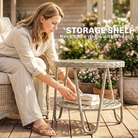 Outsunny Stolik boczny z rattanu PE, dwupoziomowy stolik kawowy z półką, szkło, regulowane nóżki, 65 x 65 x 50 cm, żółty | Aosom PL