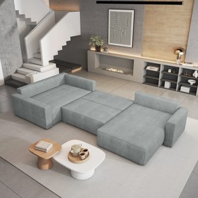 Masseno Narożnik VELAMI z funkcją spania i pojemnikiem na pościel Narozniki U, Rozkładana sofa - Jasnoszary, POSO 55