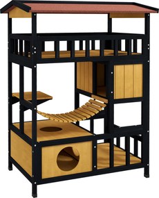 PawHut Domki dla kota, rajska zabawa z platformami, mostkiem i schowkami, dla do 2 kotów, z drewna