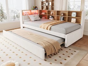 Sofa rozkładana 90x200 cm - Z wysuwanym łóżkiem 90x190 cm - z oświetleniem LED - gniazdko elektryczne - beżowy (materac nie jest dołączony)