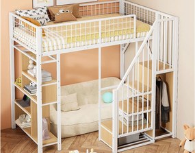 Łóżko mezzanine 90x200 cm - Łóżko metalowe - z przechowywaniem - ze schodami - z barierkami bezpieczeństwa - Biały (materac nie jest w zestawie)