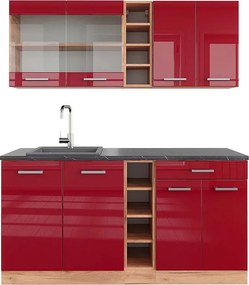 Pojedyncza kuchnia czerwony wysoki połysk/złoty dąb 160x60x81.6 r-line