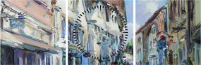 Obraz - Aleja starego miasta, malarstwo akrylowe (z zegarem) (90x30 cm)