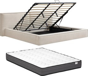 Łóżko ze skrzynią 180 x 200 cm - Welur sztruksowy - Beżowe + Materac - TAVESO