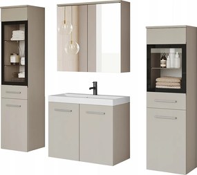 Meble łazienkowe z LED, zestaw wiszący do łazienki z umywalką, 2 słupkami i szafką lustrzaną, kaszmirowy beż