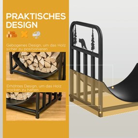 Outsunny Regał na Drewno, Sceneria z Drzewem i Niedźwiedziem, Metalowa Konstrukcja, Podniesiona Płaszczyzna, 42x33,5x43 cm, Czarny