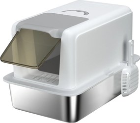 PawHut Kuweta dla kota ze stali nierdzewnej, z filtrem i łopatką, dla kotów do 6 kg, 40,5 x 60,5 x 41,5 cm, Biały/Srebrny