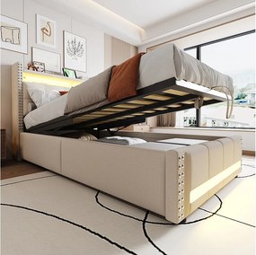 Tapicerowane łóżko ze schowkiem dla dzieci - 90 x 200 cm - z diodami LED + USB + zagłówek ze schowkiem - len + metal + sklejka + MDF - beżowy
