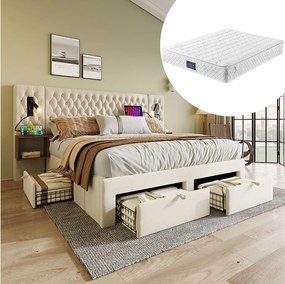 Łóżko z pojemnikiem - 160 x 200 cm - z 2 szafkami nocnymi + 4 szufladami + lampką nad wezgłowiem - aksamitne - beżowe (z materacem)