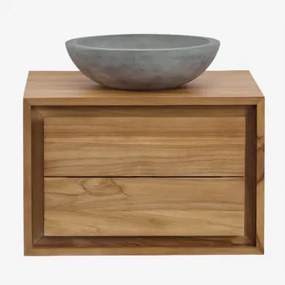 Zestaw Wiszących Mebli Łazienkowych Z Drewna Tekowego Jabari Drewno Tekowe & Okrągły Szary Cement Ø40 Cm Tarsis & Bezlusterkowiec & Bez Kranu - Sklum