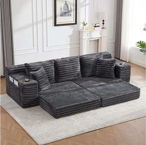 Modułowa sofa 2-osobowa w sztruksie - 107 x 38 x 34 cm - z poduszkami + kieszeniami + uchwytami na kubki - ciemnoszara