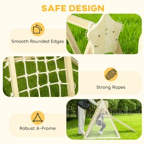 AIYAPLAY 5-w-1 domowy zestaw wspinaczkowy z zjeżdżalnią, huśtawką, siatką do wspinaczki, koszem do koszykówki, składany, 3-6 Jahre, drewno naturalne