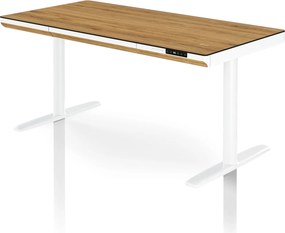 Biurko elektryczne sit-stand z szufladą i ładowarką bezprzewodową Qi białe/złoty dąb, 1400 mm: ELLIS