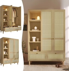 Szafa dwudrzwiowa z plecionego rattanu - 120 x 50 x 180 cm - styl rustykalny z efektem dębu - z półkami + 2 szuflady - drewno - naturalne