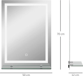 kleankin LED Lustro łazienkowe, ściemnialne, przeciwmgielne, z przełącznikiem dotykowym, półka, 50 x 70 cm, Srebrny