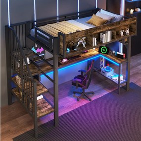 Łóżko piętrowe dla dzieci - 90 x 200 cm - z biurkiem + portem USB + oświetleniem LED + półkami + drabinką - drewno - czarne