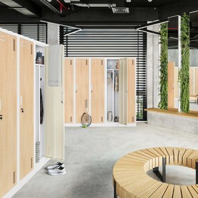 Szafka ubraniowa BHP biała/ dąb sonoma: czterokomorowa Eco Design KACPER, 800 x 1800 x 500 mm