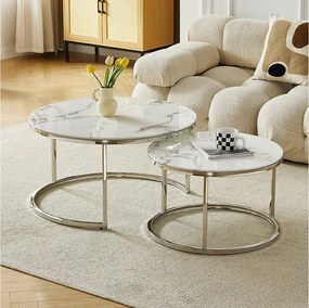 Zestaw stolików kawowych MILA – Hartowane szkło z efektem białego marmuru i srebrny metal
