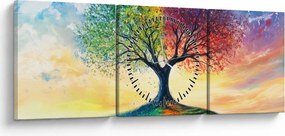 Obraz – Malowane drzewo czterech pór roku (z zegarem) (90x30 cm)
