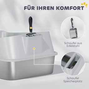 PawHut Kuweta ze stali nierdzewnej otwarta z łopatką, wysokie ścianki dla dużych kotów do 12 kg, 69,8 x 50,3 x 29,8 cm, Szara | Aosom PL