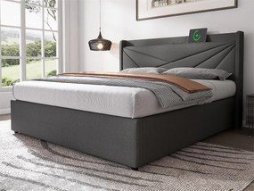 Łóżko 160x200cm z tkaniny lnianej - z portem USB i stelażem na listwy - Szare