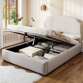 Łóżko tapicerowane ze schowkiem - 140 x 200 cm - z hydraulicznym schowkiem + zagłówek - MDF + metal + sklejka - Biały + Antracyt