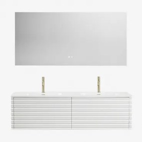 Zestaw Wiszących Mebli Łazienkowych 160x50 Cm Z Drewna Z Wbudowanymi Umywalkami Noura Biała & Prostokątny Led I Przeciwmgielny 160x75 Cm Riben & 2 X D