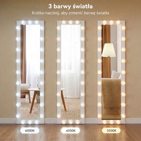 HOMCOM Lustro całopostaci 150x40 cm Lustro LED z 24 żarówkami 3 barwy światła, wolnostojące, do oparcia lub montażu na ścianie Biały | Aosom PL