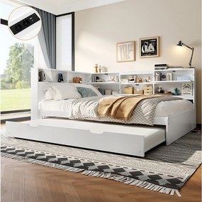 Sofa dziecięca rozkładana - 140 x 200 cm + 90 x 190 cm - łóżko wysuwane - zagłówek ze schowkiem - drewno + MDF - biała