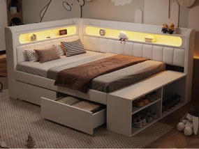 Tapicerowana sofa z łóżkiem 90x200 cm - oświetlenie LED i port USB - 2 szuflady i półka na buty - MDF+Len - Biały (bez materaca)