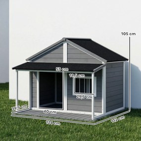 PawHut Domek dla psa na zewnątrz, z werandą, odporny na warunki pogodowe, 124 cm x 112 cm x 105 cm, Szary + Biały