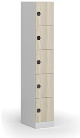 Szafka skrytkowa, 5 schowków, 1850 x 300 x 500 mm, demontaż, zamek kodowy, drzwi laminowane, dąb naturalny