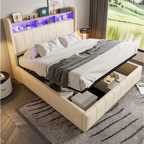 Łóżko z pojemnikiem 160x200 cm - Łóżko dla dorosłych z oświetleniem LED i ładowaniem USB - Zagłówek z półkami i schowkiem - Beżowy len