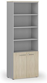 Szafa biurowa kombinowana PRIMO GRAY, drzwi na 2 poziomach, 800 x 420 x 2128 mm, szary/dąb naturalny