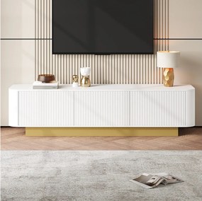 Nowoczesna szafka RTV - 170 x 40,5 x 47 cm - z 3 drzwiami - front teksturowany - MDF + płyta wiórowa - biała