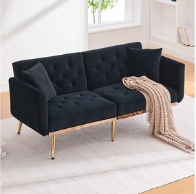 Sofa 2-osobowa z podłokietnikami - Prosta sofa z regulowanym oparciem i 2 poduszkami - czarny aksamit