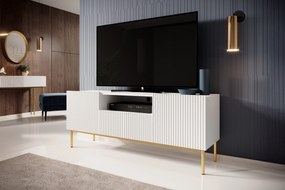 Szafka RTV Nicole 150 cm z szufladą i wnęką - biały mat / złote nóżki